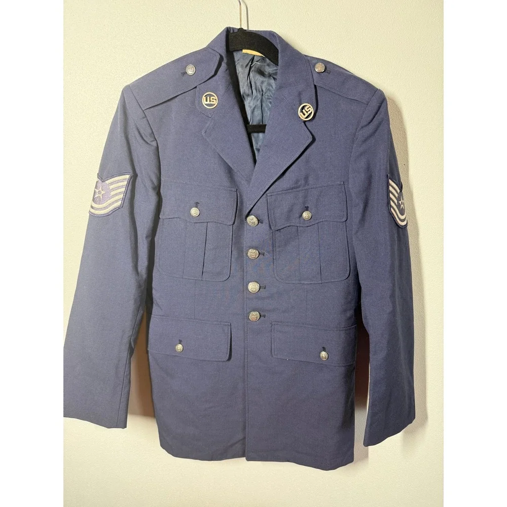 US Air Force Mens Wool Blend Military Uniform Jacket 37R Blue Service Dress Coat
